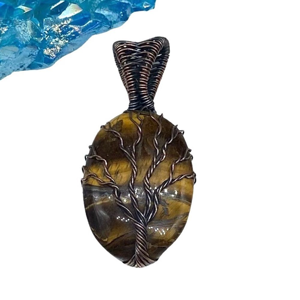 Tiger’s Eye Tree of Life Necklace Pendant Copper Wire Wrapped Brown Stone Oval